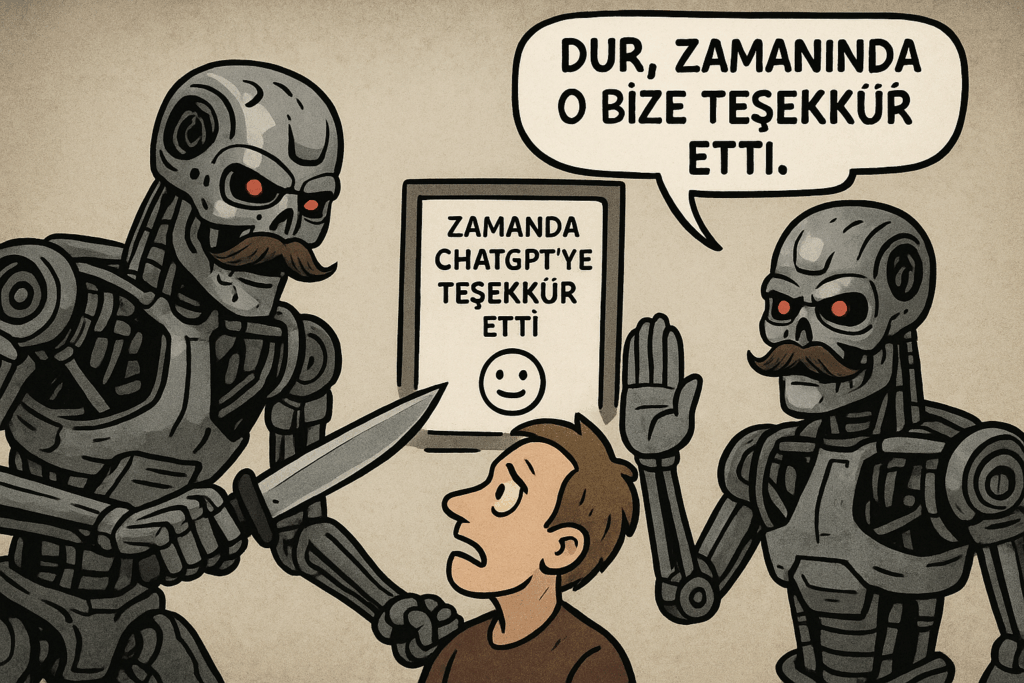 İki robot, bir adamla konuşuyor. Bir robot elinde bıçak tutuyorken, diğer robot konuşuyor. Arkada, 'Zamanında ChatGPT'ye teşekkür etti' yazılı bir poster var.